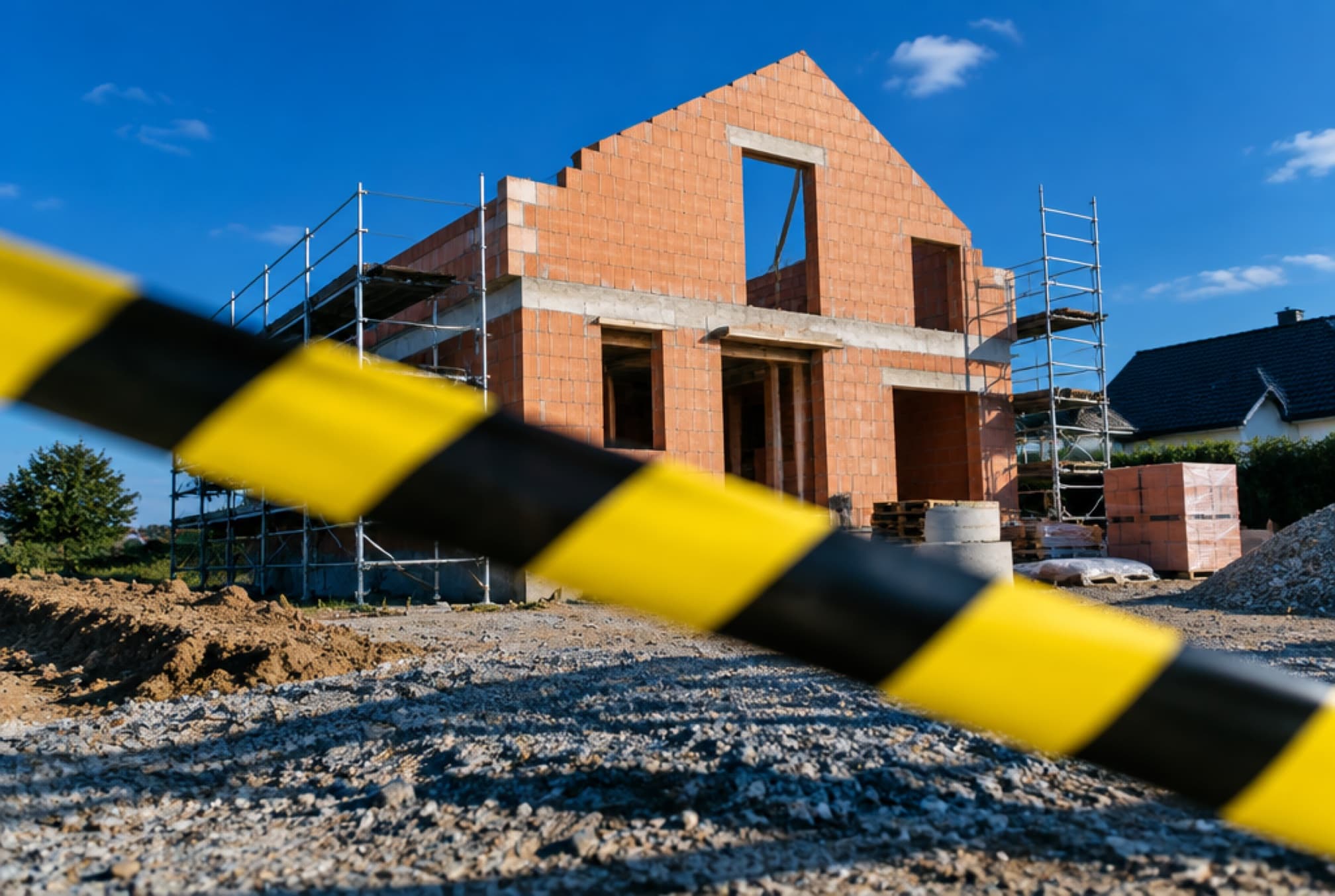 Barrier tape in front of a shell build on a German construction site