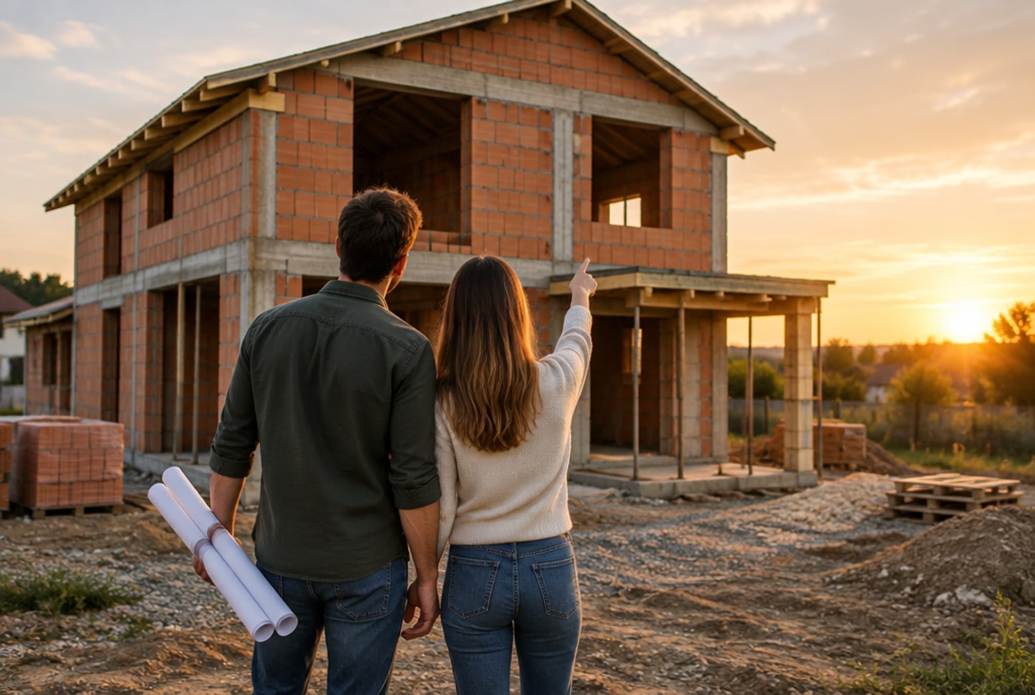 Couple with plans in front of their shell build