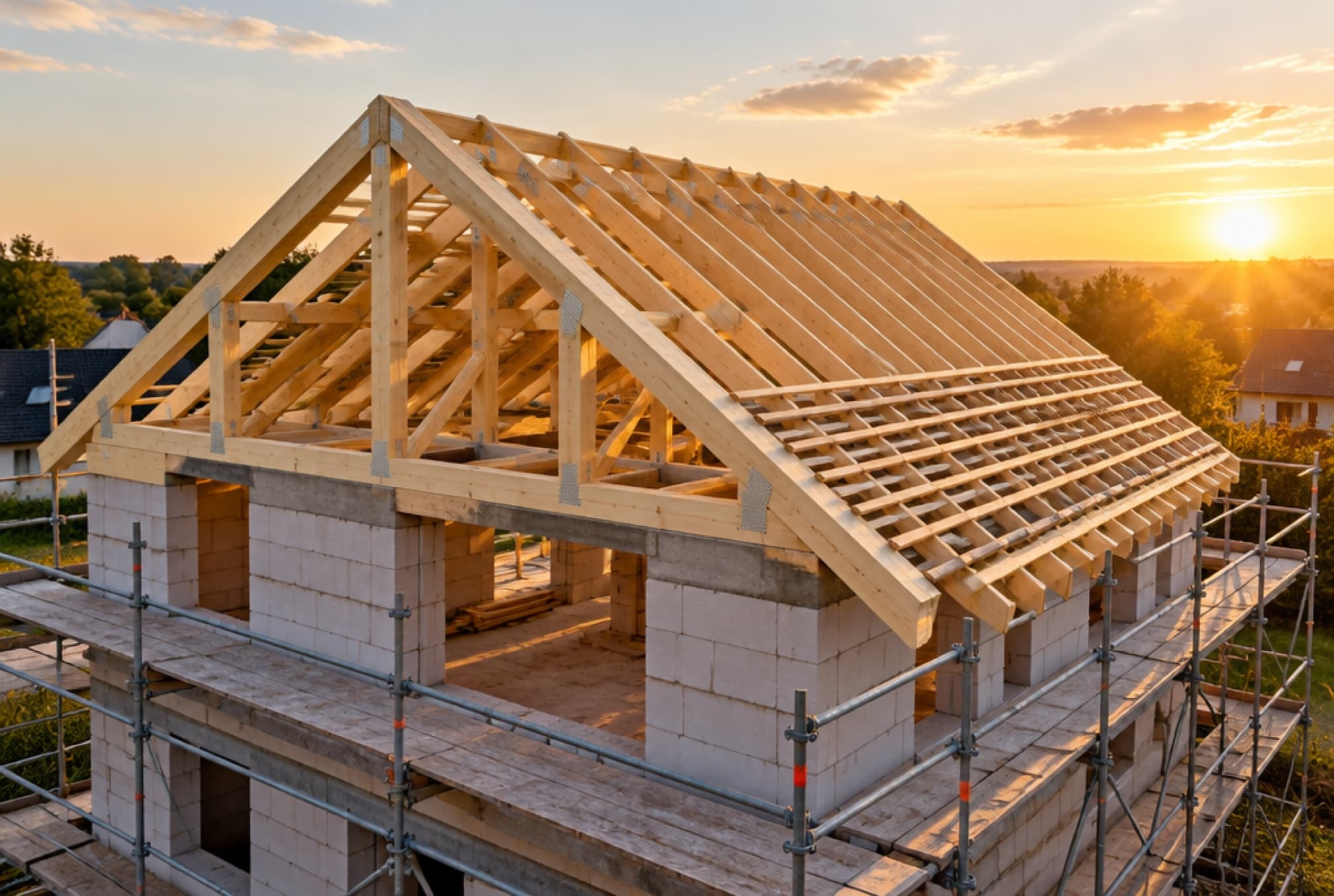 Freshly raised roof truss of a new build
